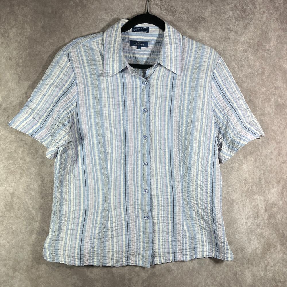 Faconnable Shirt Womens Large Blue Striped Seersucker Button Up Short Sleeves